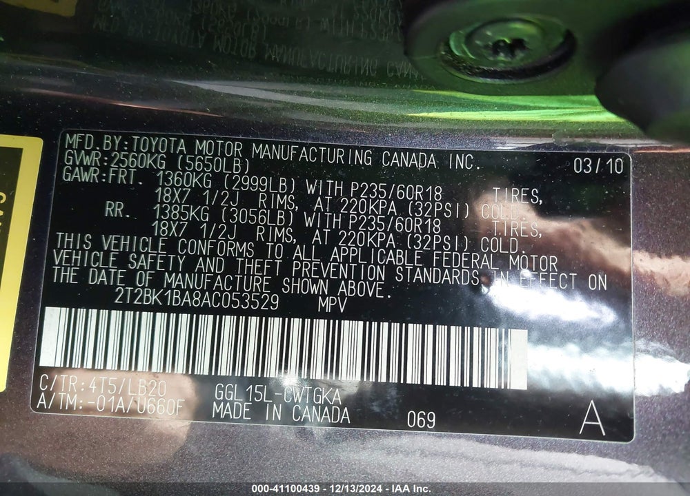 2010 LEXUS RX 350 BASE (A6) VIN: 2T2BK1BA8AC053529