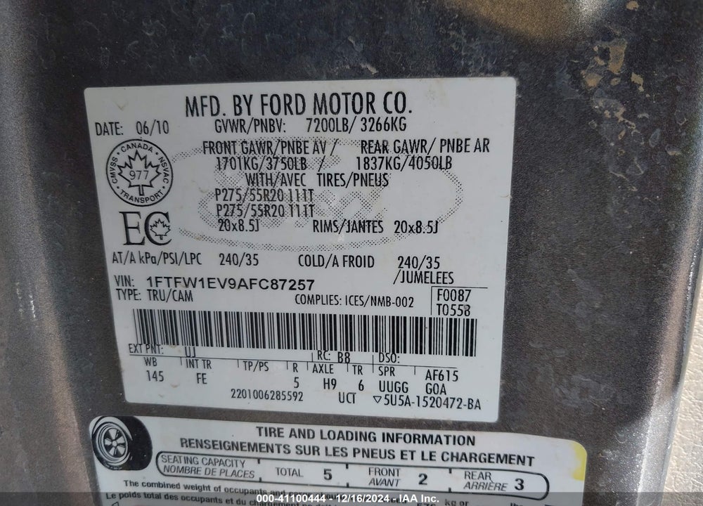 2010 HARLEY-DAVIDSON FORD F-150 FX4//KING RANCH/LARIAT/PLATINUM/XL/XLT VIN: 1FTFW1EV9AFC87257