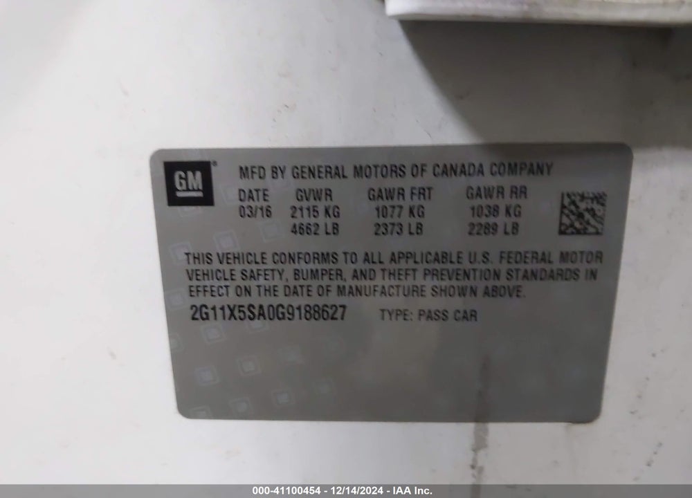 2016 CHEVROLET IMPALA 1FL VIN: 2G11X5SA0G9188627