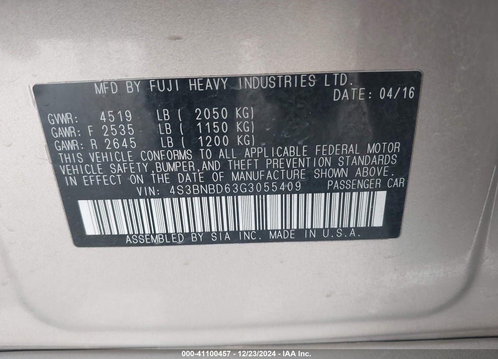 2016 SUBARU LEGACY 2.5I PREMIUM VIN: 4S3BNBD63G3055409