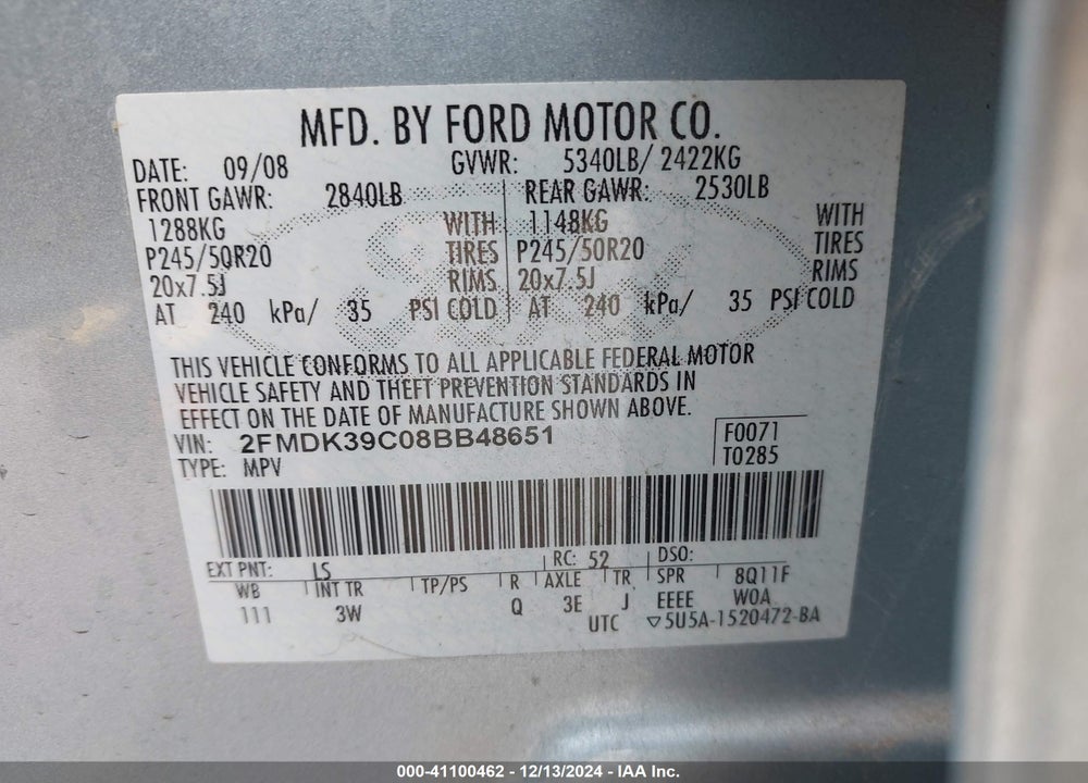 2008 FORD EDGE LIMITED VIN: 2FMDK39C08BB48651