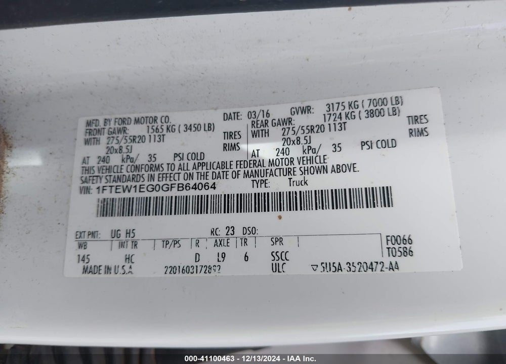 2016 FORD F-150 LARIAT VIN: 1FTEW1EG0GFB64064