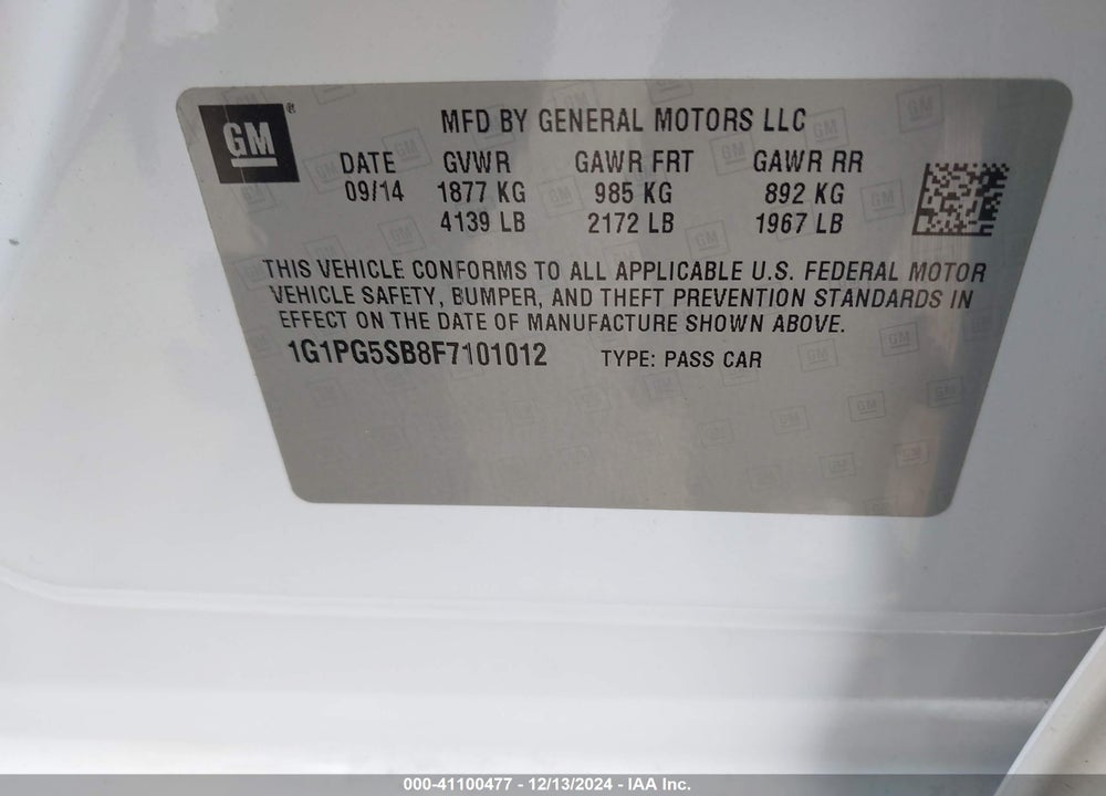 2015 CHEVROLET CRUZE VIN: 1G1PG5SB8F7101012