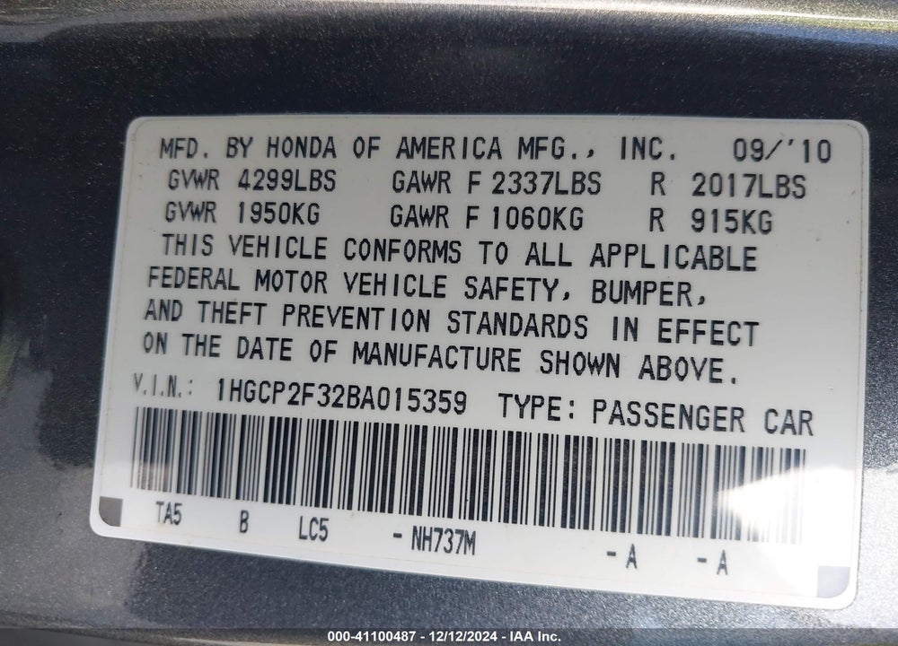 2011 HONDA ACCORD 2.4 LX VIN: 1HGCP2F32BA015359