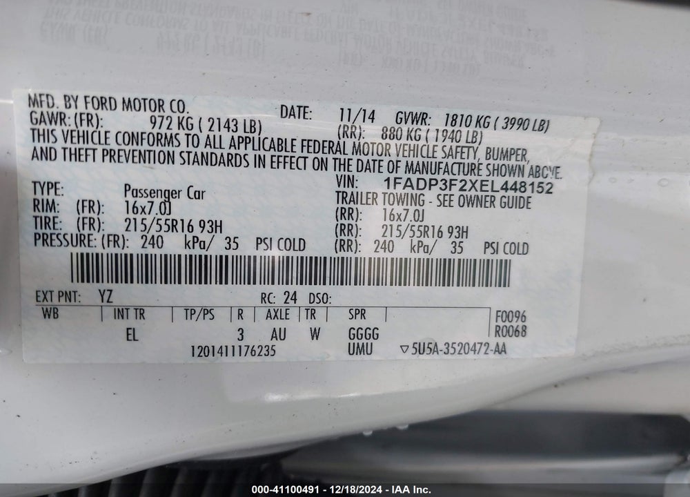 2014 FORD FOCUS SE VIN: 1FADP3F2XEL448152