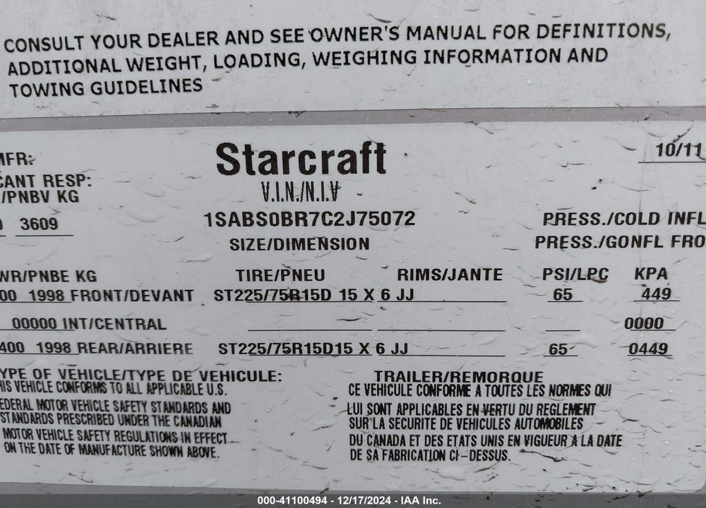 2012 STARCRAFT STAR TRAVELER BHU299 TRAVEL TRAILER 29FT VIN: 1SABS0BR7C2J75072
