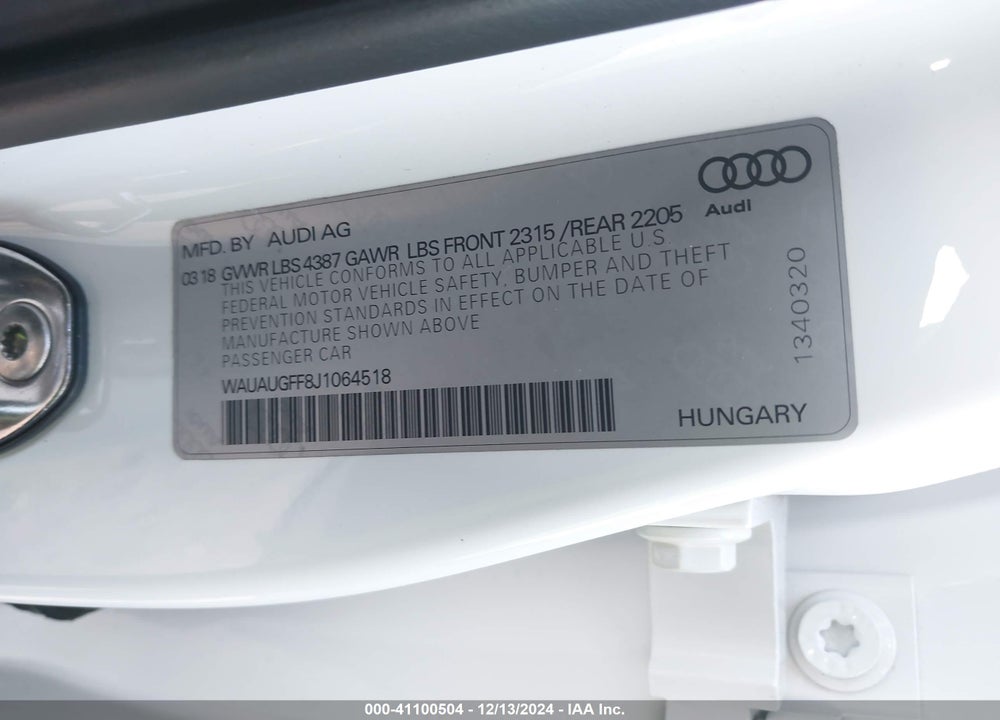 2018 AUDI A3 2.0T PREMIUM VIN: WAUAUGFF8J1064518