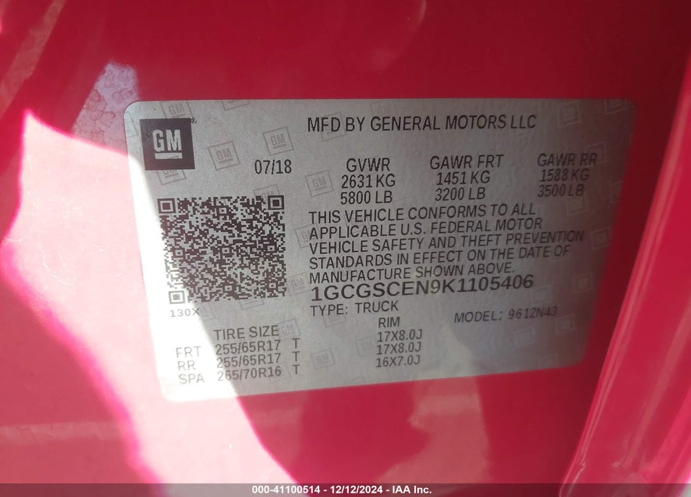 2019 CHEVROLET COLORADO VIN: 1GCGSCEN9K1105406