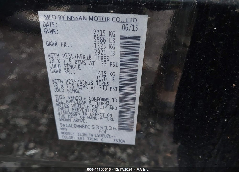 2015 INFINITI QX60 VIN: 5N1AL0MM8FC535136