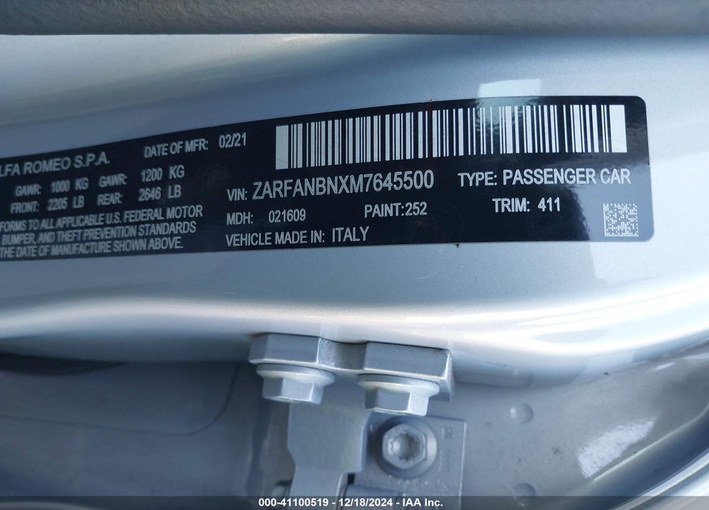 2021 ALFA ROMEO GIULIA VIN: ZARFANBNXM7645500