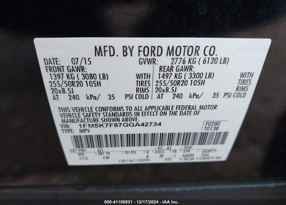 2016 FORD EXPLORER LIMITED VIN: 1FM5K7F87GGA42734