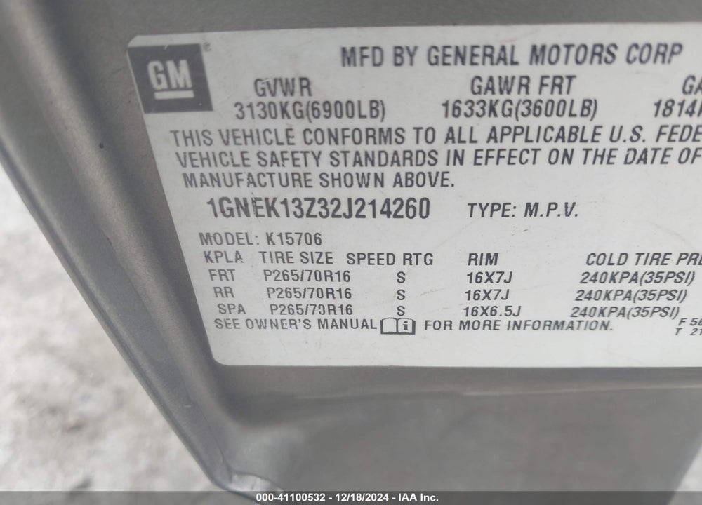 2002 CHEVROLET TAHOE LT VIN: 1GNEK13Z32J214260
