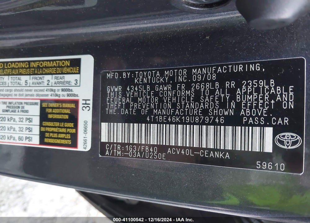 2009 TOYOTA CAMRY LE VIN: 4T1BE46K19U879746