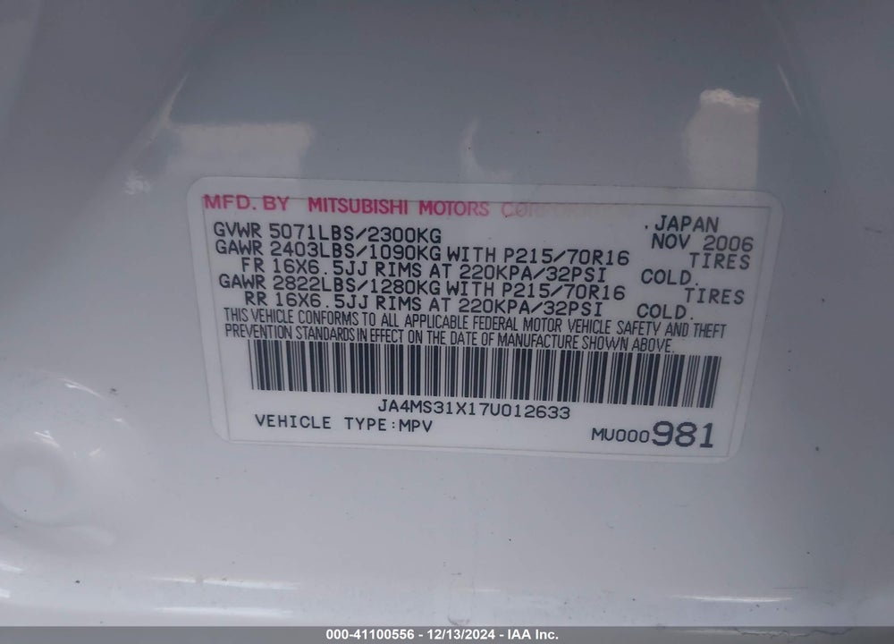 2007 MITSUBISHI OUTLANDER ES/LS VIN: JA4MS31X17U012633