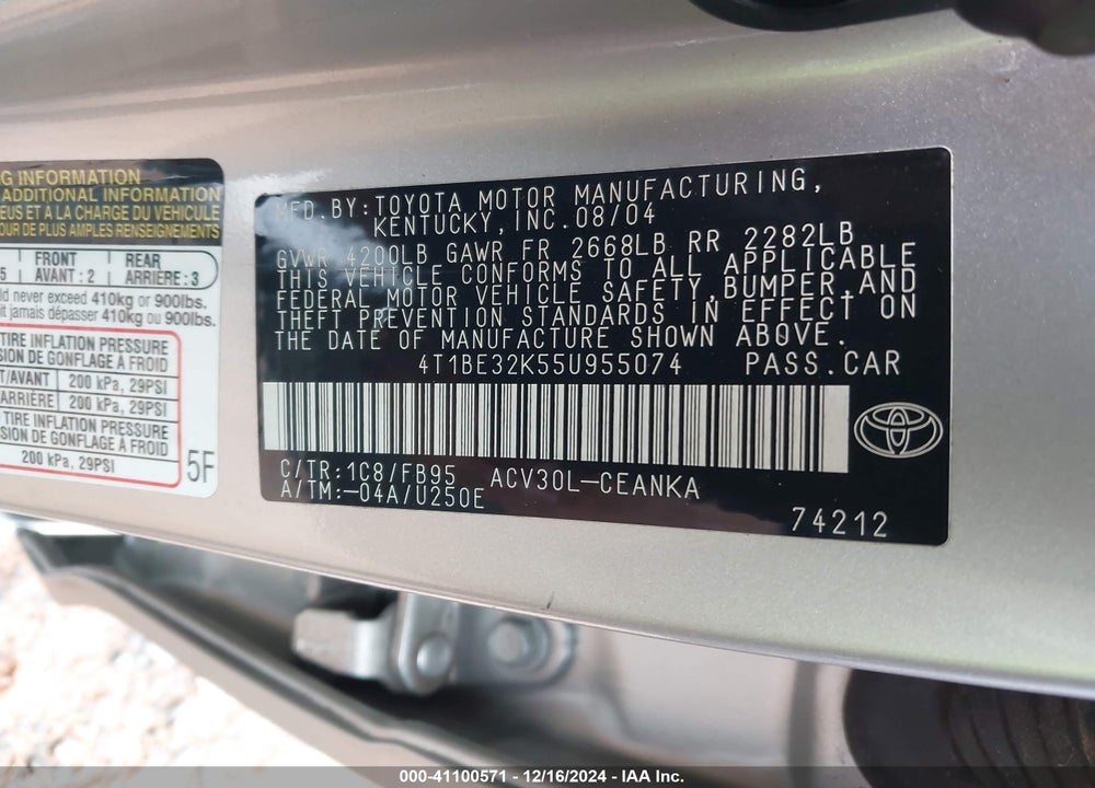 2005 TOYOTA CAMRY LE VIN: 4T1BE32K55U955074