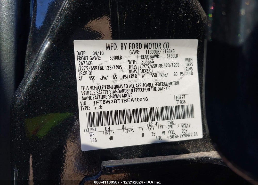 2011 FORD F-350 LARIAT VIN: 1FT8W3BT1BEA10018