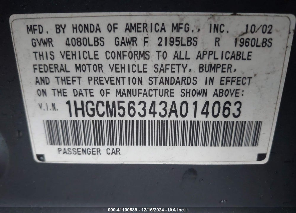 2003 HONDA ACCORD 2.4 LX VIN: 1HGCM56343A014063