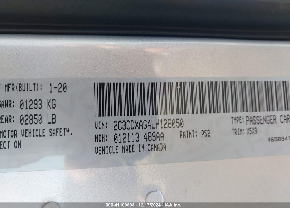 2020 DODGE CHARGER POLICE RWD VIN: 2C3CDXAG4LH126050