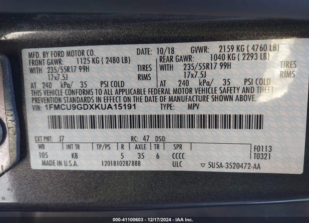 2019 FORD ESCAPE SE VIN: 1FMCU9GDXKUA15191