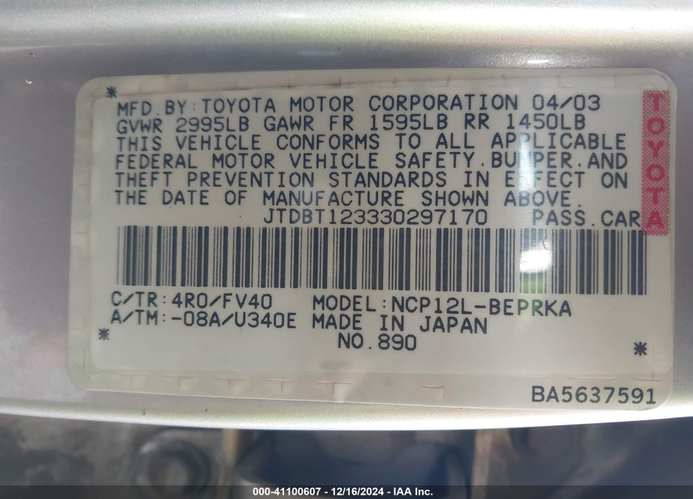 2003 TOYOTA ECHO VIN: JTDBT123330297170