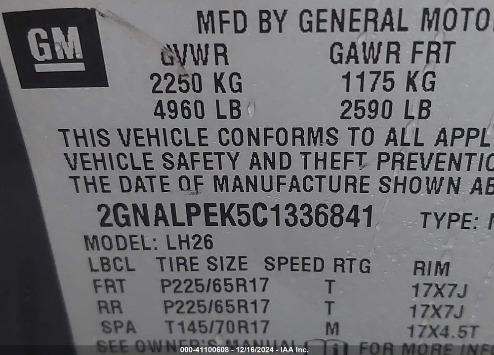 2012 CHEVROLET EQUINOX 2LT VIN: 2GNALPEK5C1336841