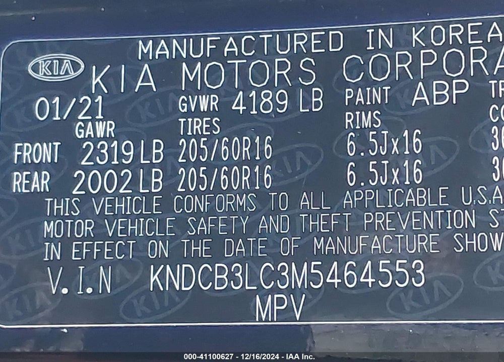 2021 KIA NIRO VIN: KNDCB3LC3M5464553