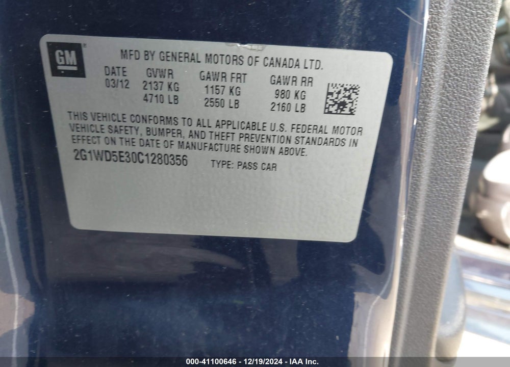 2012 CHEVROLET IMPALA POLICE VIN: 2G1WD5E30C1280356
