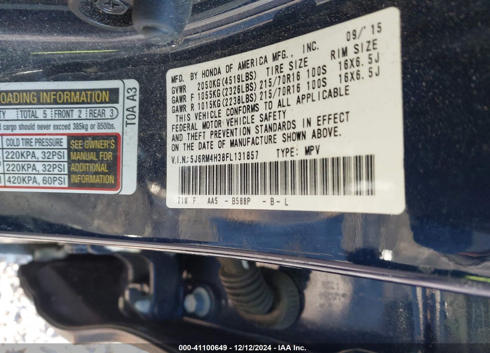 2015 HONDA CR-V LX VIN: 5J6RM4H38FL131857