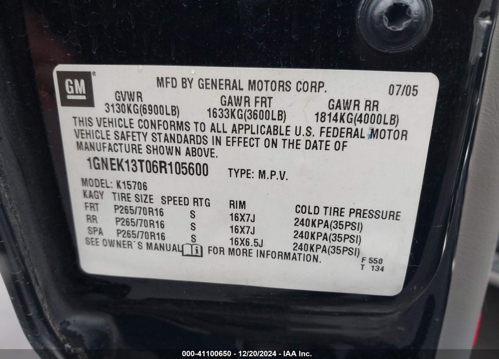 2006 CHEVROLET TAHOE LS VIN: 1GNEK13T06R105600