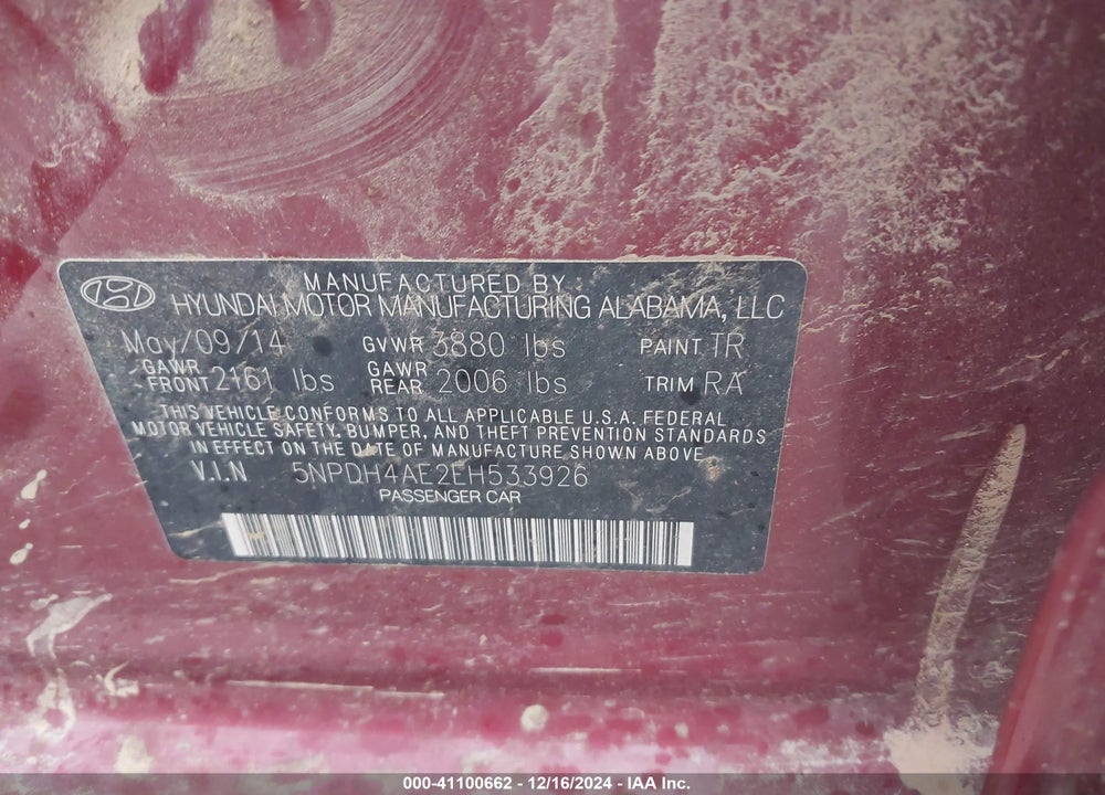2014 HYUNDAI ELANTRA SE VIN: 5NPDH4AE2EH533926