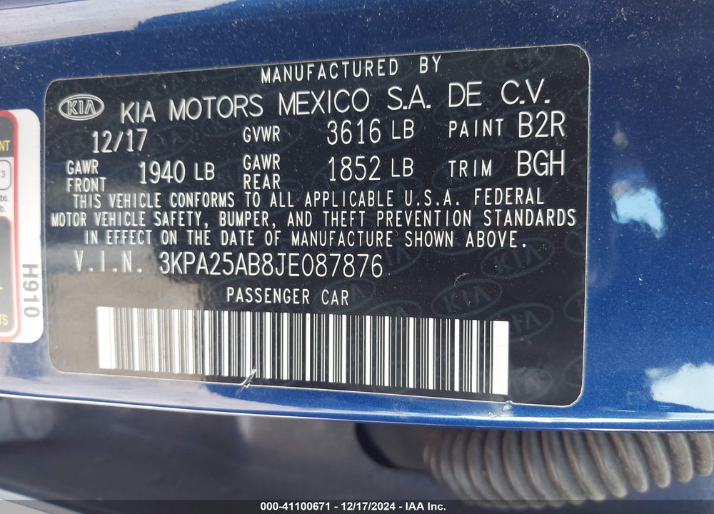 2018 KIA RIO VIN: 3KPA25AB8JE087876