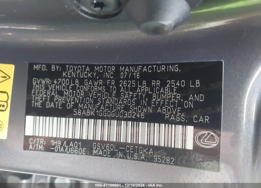 2016 LEXUS ES 350 VIN: 58ABK1GG0GU030246
