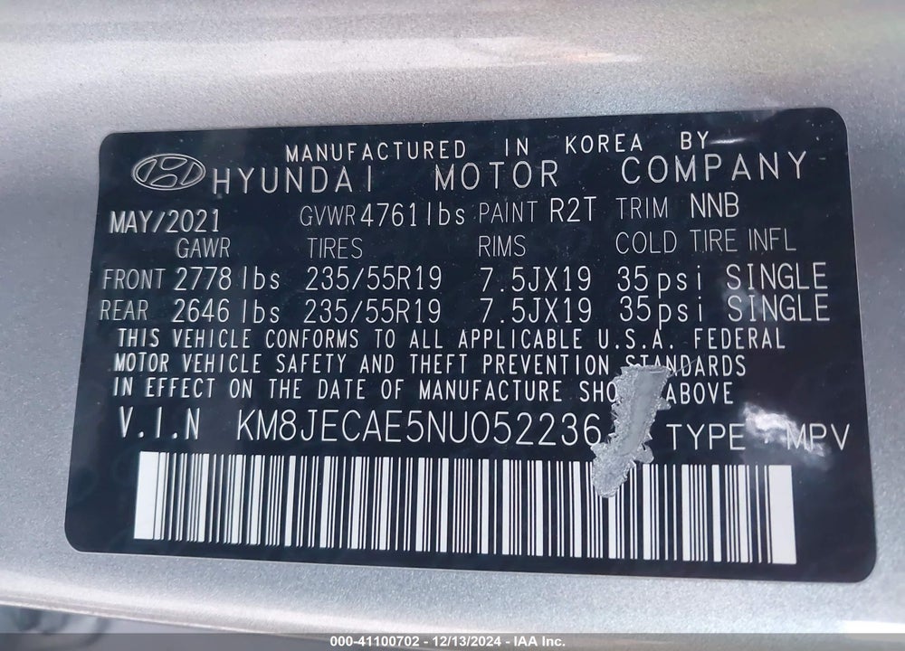 2022 HYUNDAI TUCSON LIMITED VIN: KM8JECAE5NU052236
