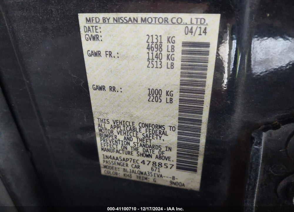 2014 NISSAN MAXIMA 3.5 S/3.5 SV VIN: 1N4AA5AP7EC478857