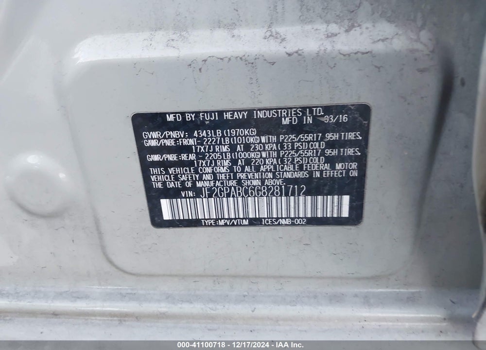 2016 SUBARU CROSSTREK 2.0I PREMIUM VIN: JF2GPABC6G8281712