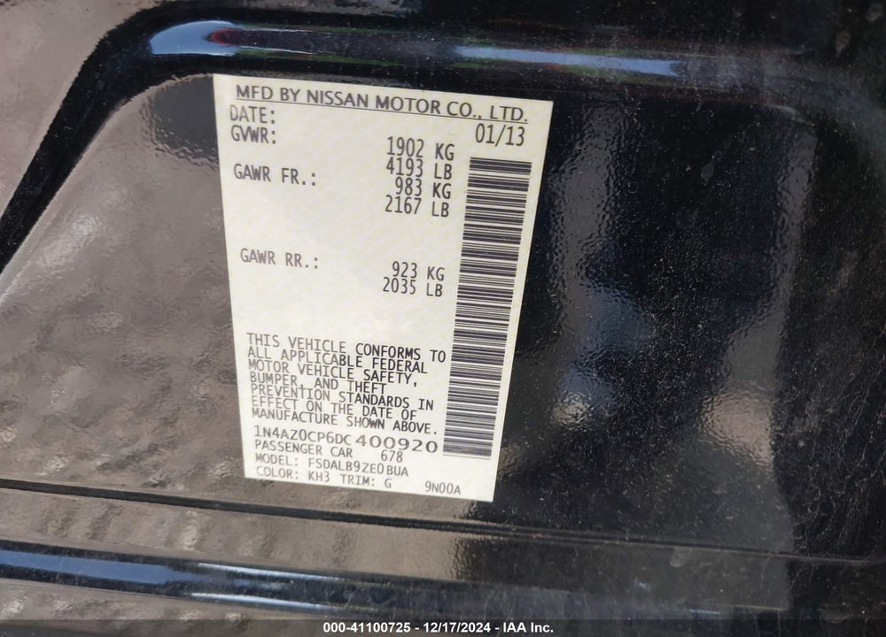 2013 NISSAN LEAF S VIN: 1N4AZ0CP6DC400920