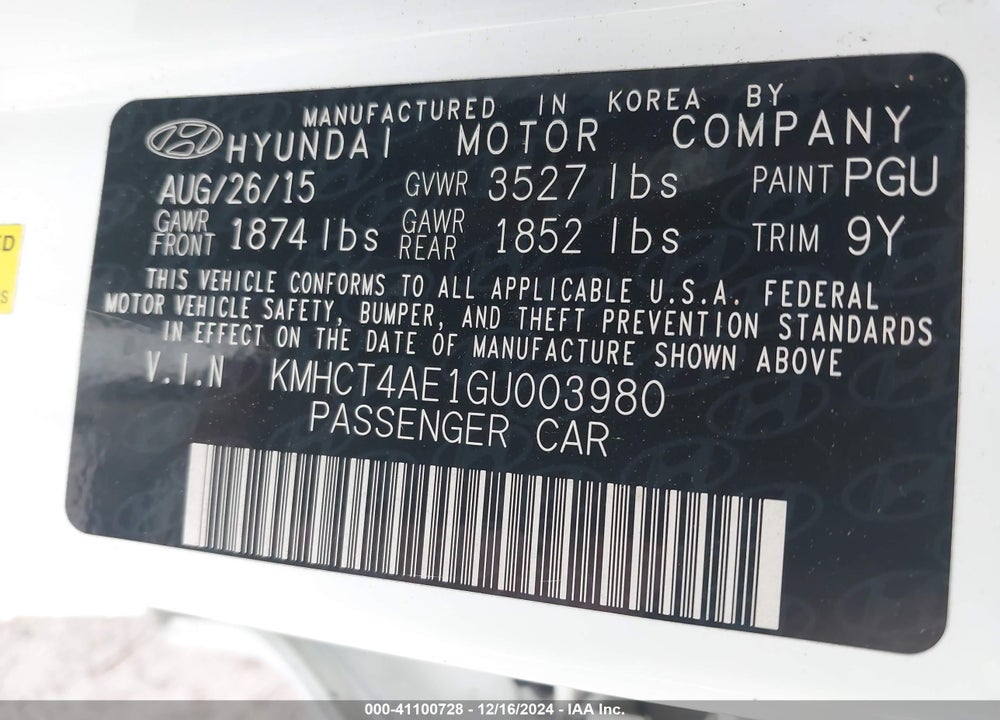 2016 HYUNDAI ACCENT SE VIN: KMHCT4AE1GU003980