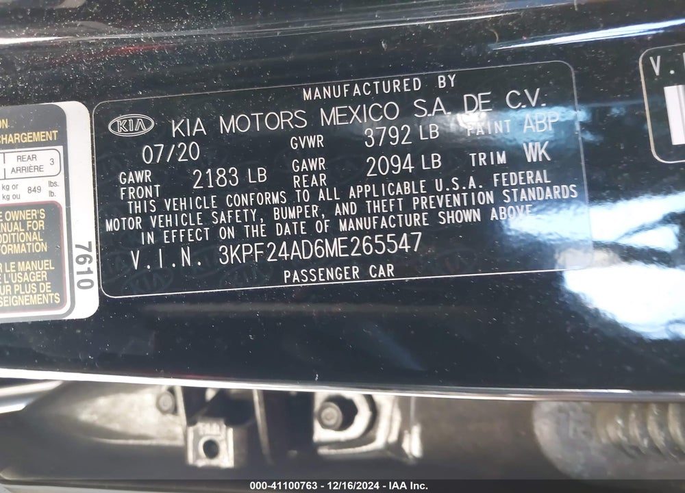 2021 KIA FORTE LXS VIN: 3KPF24AD6ME265547