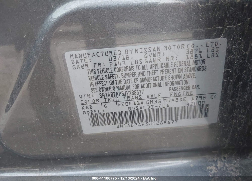 2018 NISSAN SENTRA SV VIN: 3N1AB7AP5JY288577