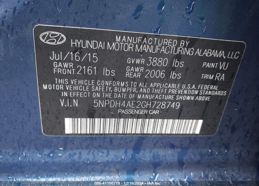 2016 HYUNDAI ELANTRA VIN: 5NPDH4AE2GH728749