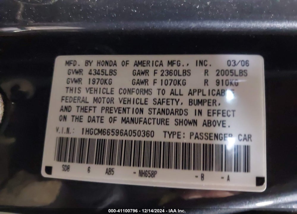 2006 HONDA ACCORD 3.0 EX VIN: 1HGCM66596A050360