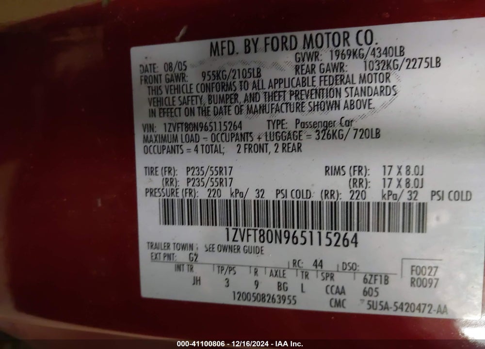 2006 FORD MUSTANG V6 VIN: 1ZVFT80N965115264