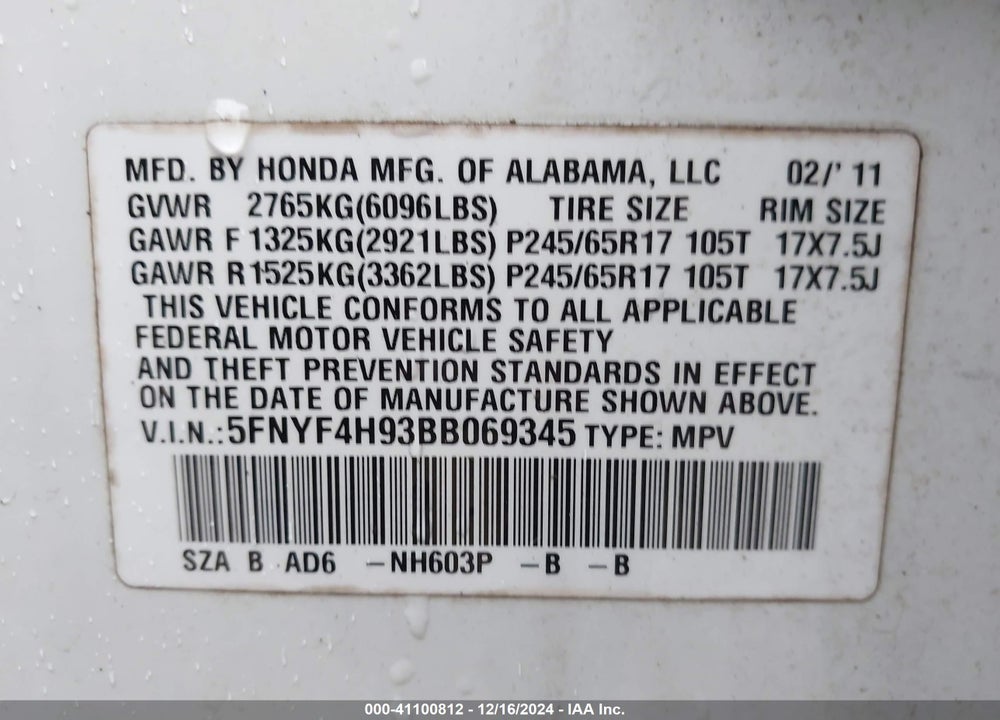 2011 HONDA PILOT TOURING VIN: 5FNYF4H93BB069345