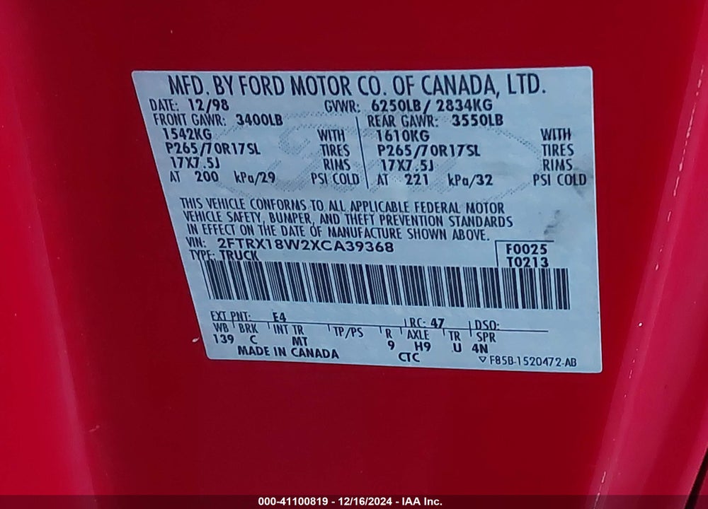 1999 FORD F-150 LARIAT/WORK SERIES/XL/XLT VIN: 2FTRX18W2XCA39368