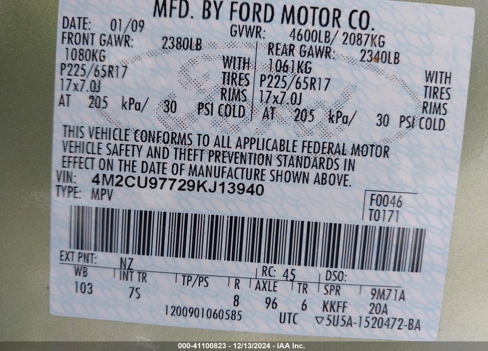 2009 MERCURY MARINER PREMIER VIN: 4M2CU97729KJ13940