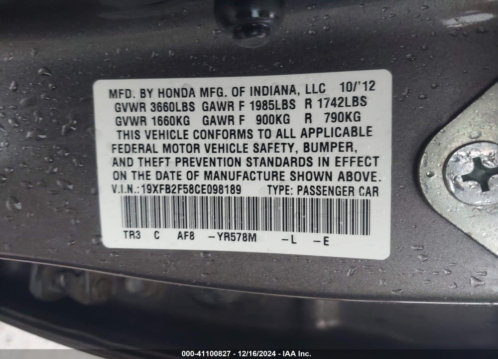 2012 HONDA CIVIC SDN LX VIN: 19XFB2F58CE098189