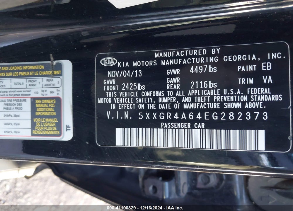 2014 KIA OPTIMA SXL TURBO VIN: 5XXGR4A64EG282373