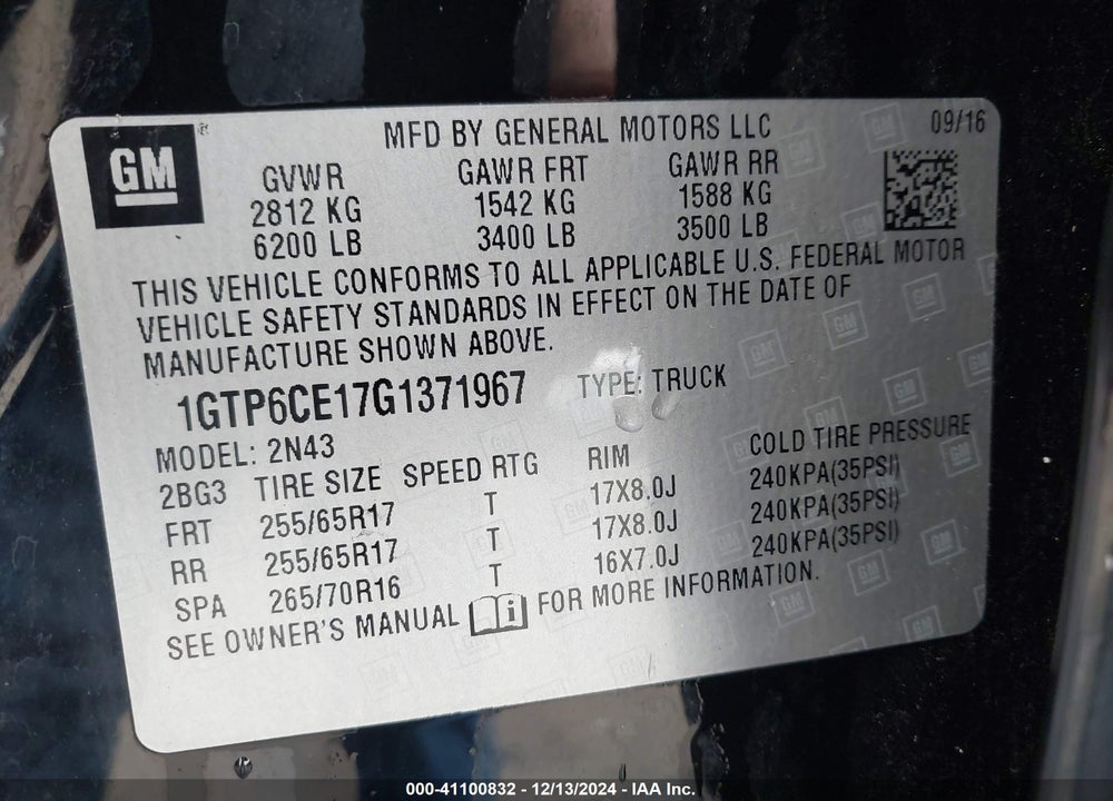 2016 GMC CANYON VIN: 1GTP6CE17G1371967
