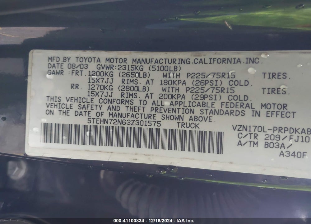 2003 TOYOTA TACOMA BASE V6 VIN: 5TEHN72N63Z301575
