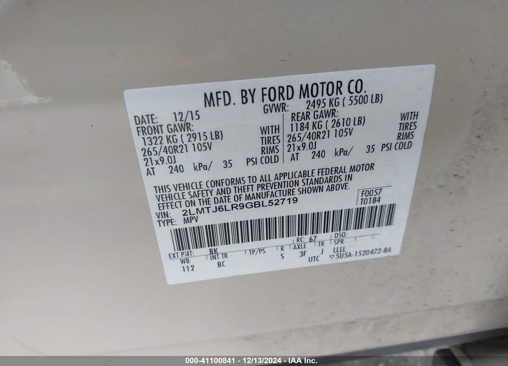 2016 LINCOLN MKX RESERVE VIN: 2LMTJ6LR9GBL52719